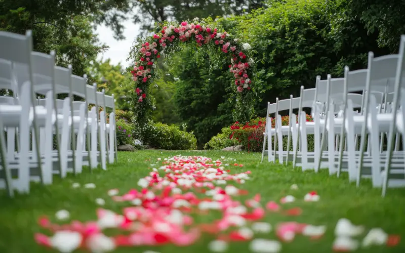 Garden wedding ceremony with guests seated among olive trees and lush Mediterranean flora
