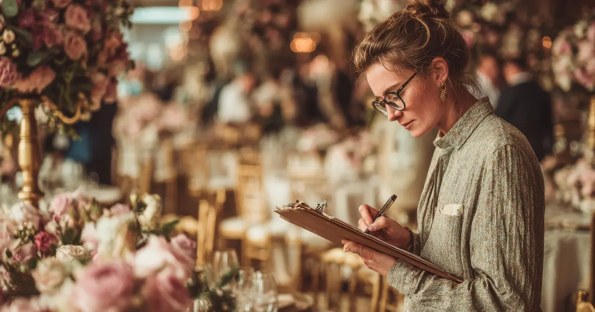 Wedding planner meeting with couple at a table in Mallorca, reviewing details together