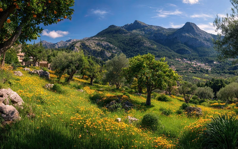Mallorca in spring with almond blossom and lush green countryside in soft morning light