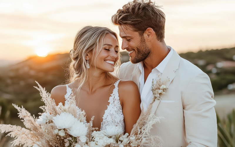Boho-chic Mallorca wedding with pampas grass, dried flowers, rattan details and warm candlelight
