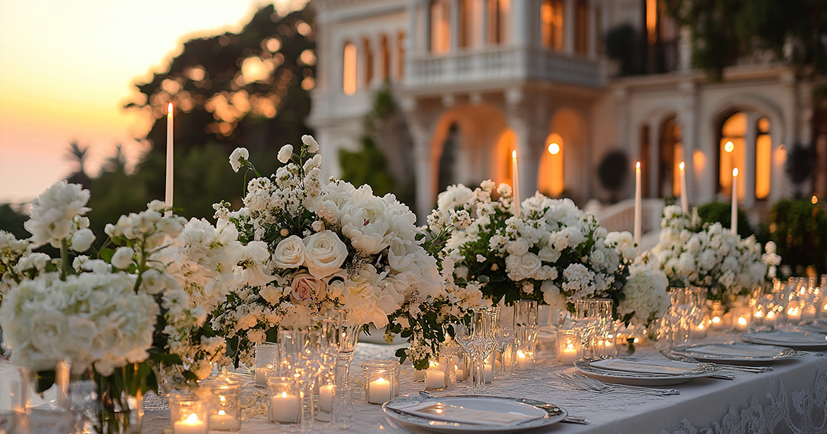 Beautifully styled Mallorca wedding with candlelit tables, Mediterranean florals and warm golden lighting